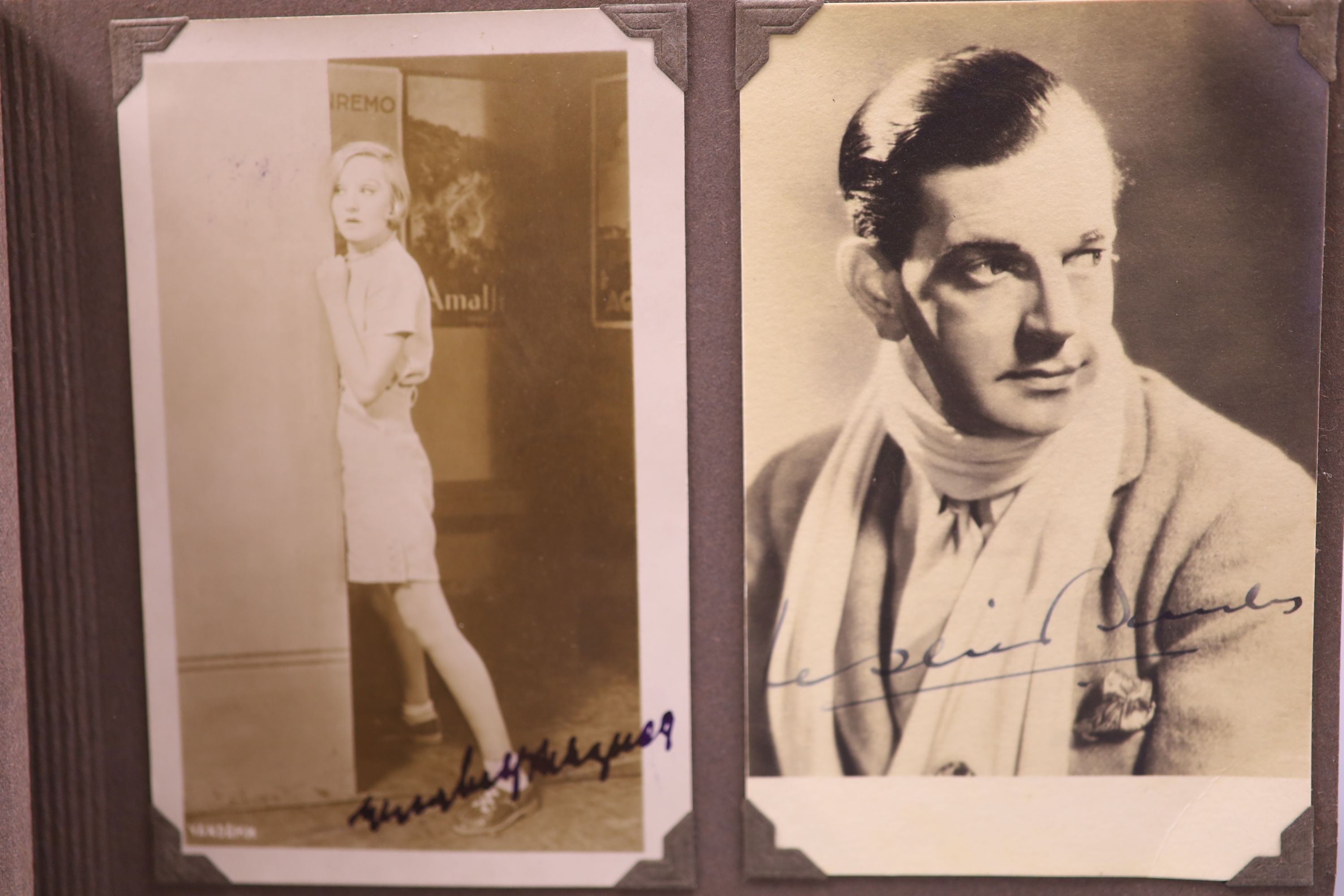 An album of 1930s monochrome postcards including film stars, some signed, letter and other signatures